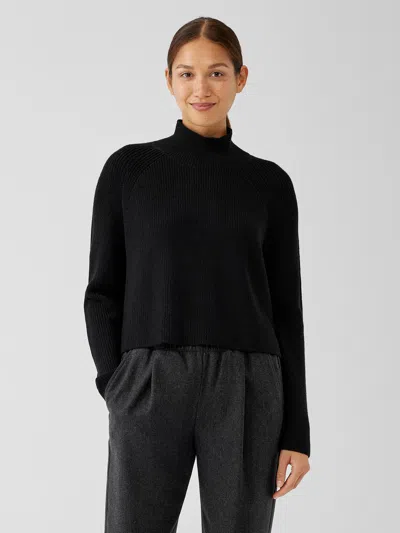 Eileen Fisher Merino Cropped Turtleneck Top In Regenerative Wool In Black