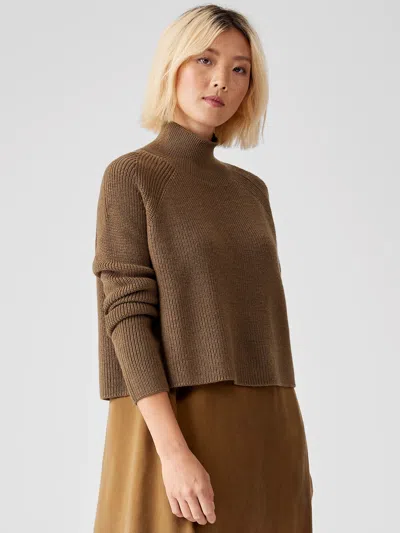 Eileen Fisher Merino Cropped Turtleneck Top In Regenerative Wool In Brown