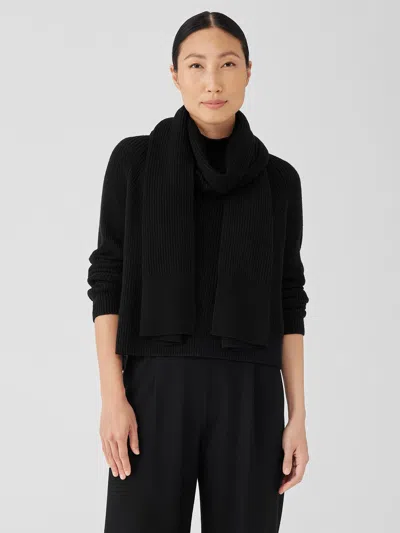 Eileen Fisher Merino Thermal Rib Scarf In Regenerative Wool In Black