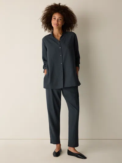 Eileen Fisher Mini Check Crepe Band Collar Top In Green