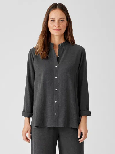 Eileen Fisher Mini Check Crepe Mandarin Collar Top In Gray