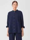 Eileen Fisher Mini Check Crepe Mandarin Collar Top In Blue