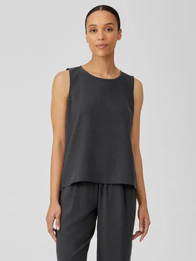 Eileen Fisher Mini Check Crepe Round Neck Tank In Gray