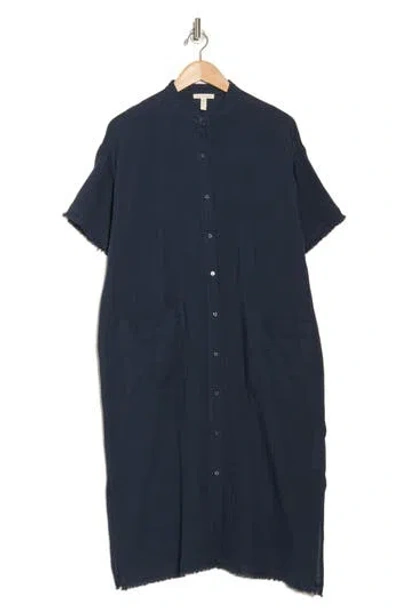 Eileen Fisher Modern Collar Cotton Shirtdress In Blue