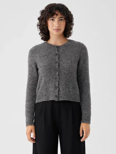 Eileen Fisher Mohair Plush Melange Crew Neck Cardigan In Gray