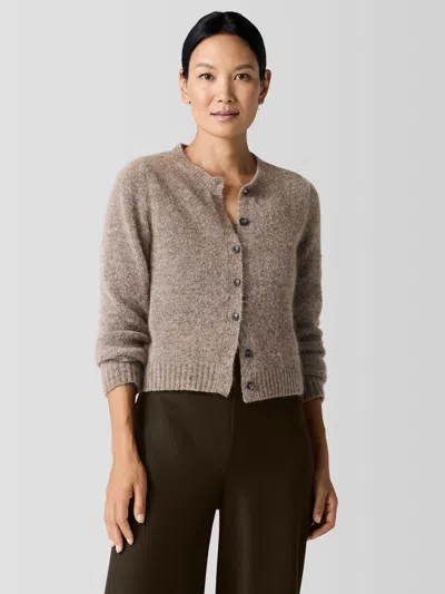 Eileen Fisher Mohair Plush Melange Crew Neck Cardigan In Brown