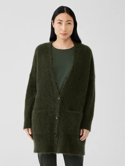 Eileen Fisher Mohair Plush Melange V-neck Cardigan In Green