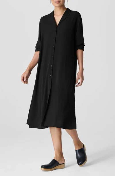 Eileen Fisher Notch Collar Long Sleeve Silk Shirtdress In Black