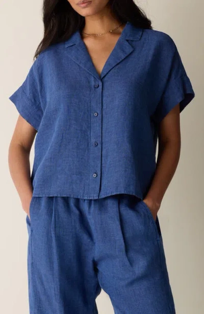 Eileen Fisher Notch Collar Organic Linen Button-up Shirt In Blue