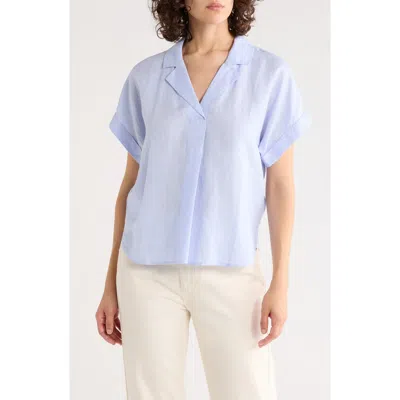 Eileen Fisher Notch Collar Short Sleeve Organic Linen Top In Blue