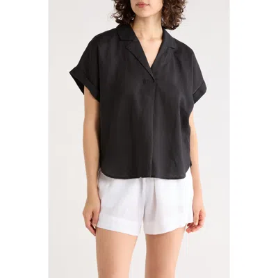Eileen Fisher Notch Collar Short Sleeve Organic Linen Top In Black