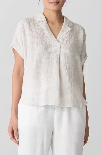 Eileen Fisher Puckered Organic Linen Stripe Notch Collar Top In White