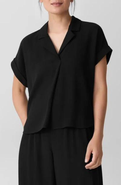 Eileen Fisher Notched Collar Silk Top In Black