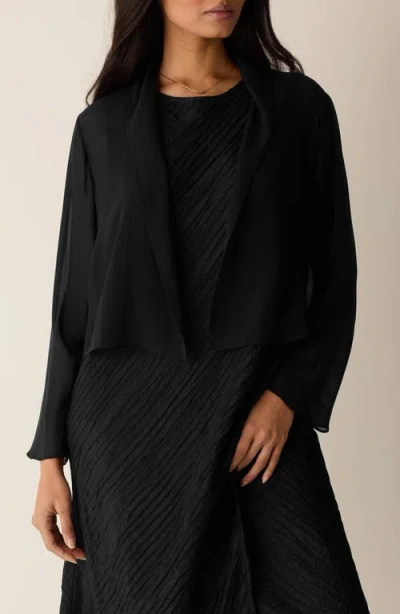 Eileen Fisher Sheer Silk Georgette High Collar Short Jacket In Black