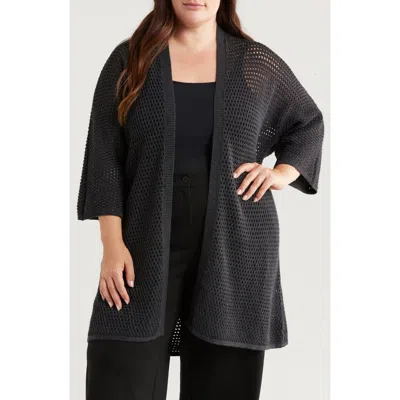 Eileen Fisher Open Stitch Longline Wool Cardigan In Charcoal
