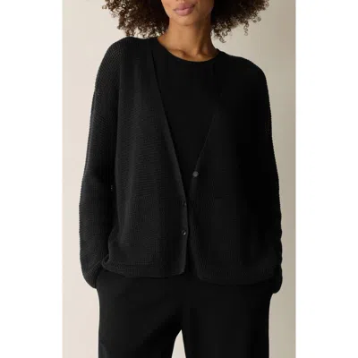Eileen Fisher Open Stitch Organic Cotton Blend V-neck Cardigan In Black
