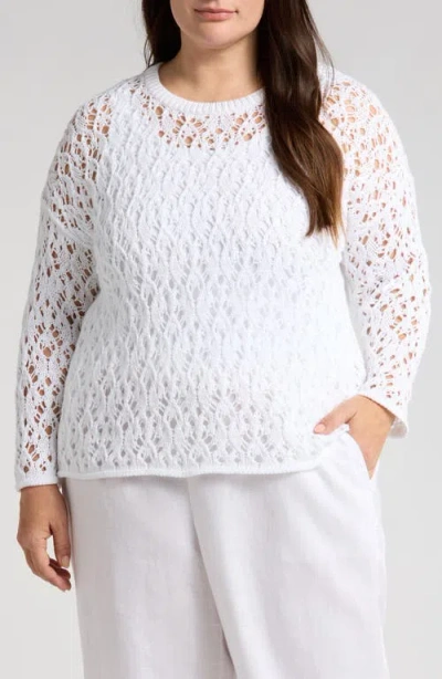 Eileen Fisher Open Stitch Organic Cotton Crewneck Sweater In White