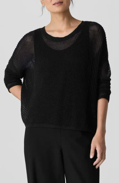 Eileen Fisher Open-knit Crewneck Sweater In Black