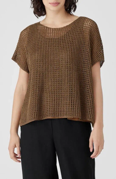 Eileen Fisher Open Stitch Short Sleeve Organic Linen Jumper In Bronze