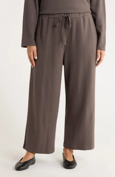 Eileen Fisher Organic Cotton Blend Ankle Wide Leg Drawstring Pants In Brown