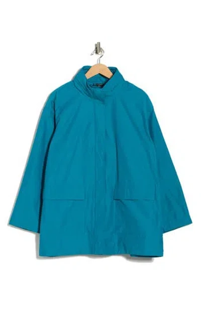 Eileen Fisher Organic Cotton Blend Hooded Longline Coat In Blue
