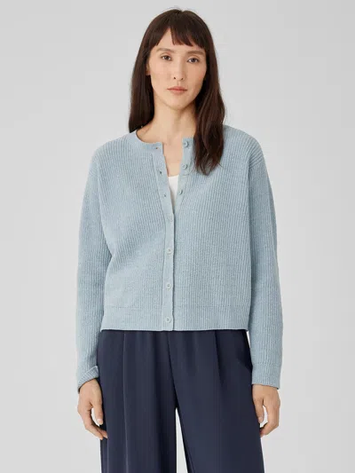 Eileen Fisher Organic Cotton Chenille Crew Neck Cardigan In Blue