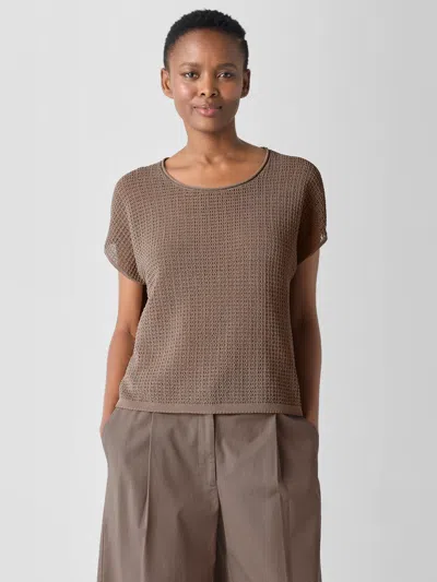 Eileen Fisher Organic Cotton Cord Sheen Jewel Neck Top In Brown