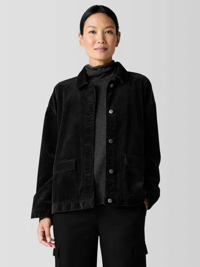 Eileen Fisher Organic Cotton Corduroy Classic Collar Jacket In Black