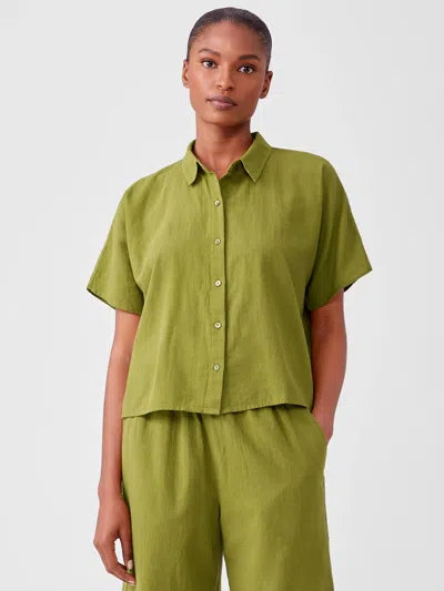 Eileen Fisher Organic Cotton Crepe Short-sleeve Shirt In Green