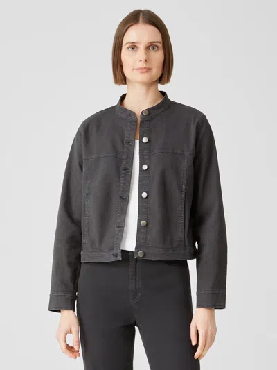 Eileen Fisher Organic Cotton Denim Stand Collar Jacket In Black