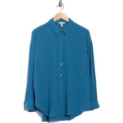 Eileen Fisher Organic Cotton Gauze Button-up Shirt In Blue