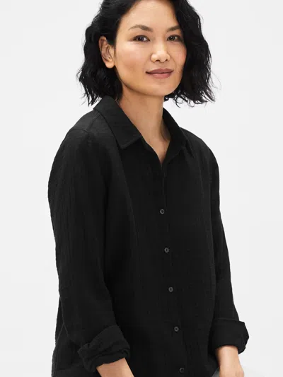 Eileen Fisher Organic Cotton Gauze Classic Collar Shirt In Black