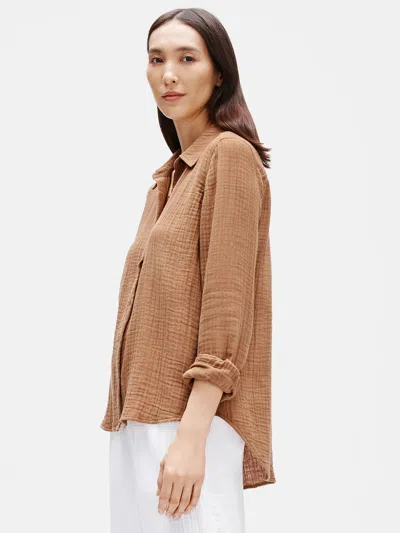 Eileen Fisher Organic Cotton Gauze Classic Collar Shirt In Brown