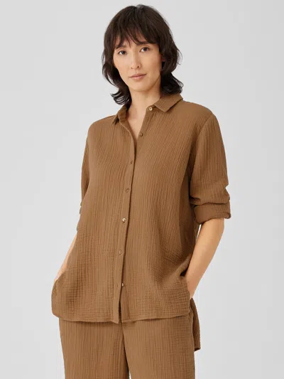 Eileen Fisher Organic Cotton Gauze Classic Collar Shirt In Brown