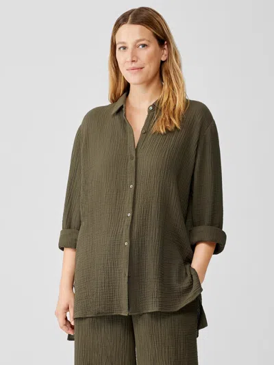 Eileen Fisher Organic Cotton Gauze Classic Collar Shirt In Green