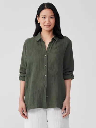 Eileen Fisher Organic Cotton Gauze Classic Collar Shirt In Green