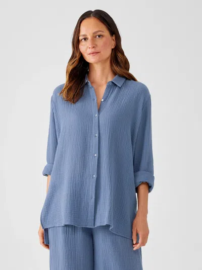 Eileen Fisher Organic Cotton Gauze Classic Collar Shirt In Purple