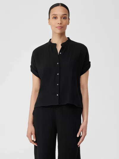 Eileen Fisher Organic Cotton Gauze Short-sleeve Shirt In Black