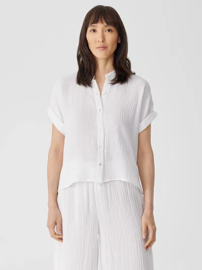 Eileen Fisher Organic Cotton Gauze Short-sleeve Shirt In White