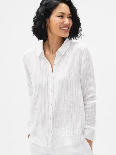 Eileen Fisher Organic Cotton Gauze Striped Classic Collar Shirt In White