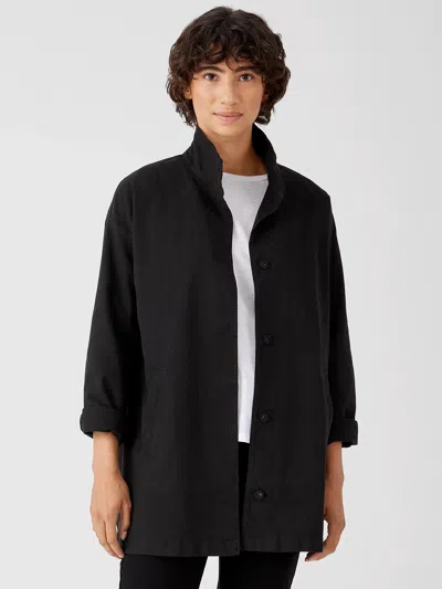 Eileen Fisher Organic Cotton Hemp Stand Collar Long Jacket In Black