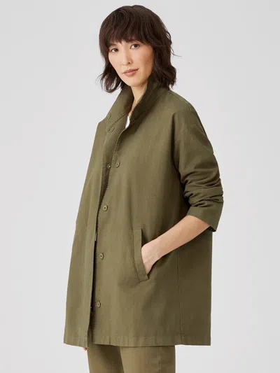 Eileen Fisher Organic Cotton Hemp Stand Collar Long Jacket In Green