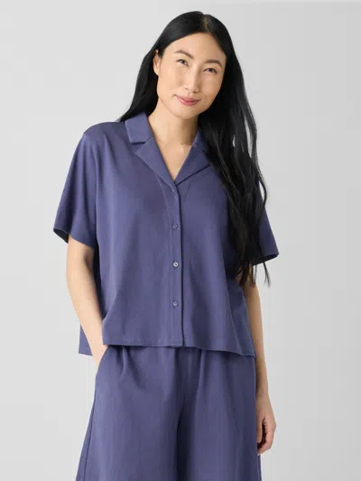 Eileen Fisher Organic Cotton Interlock Notch Collar Sleep Shirt In Blue