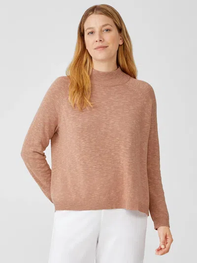 Eileen Fisher Organic Cotton Linen Slub Funnel Neck Top In Brown