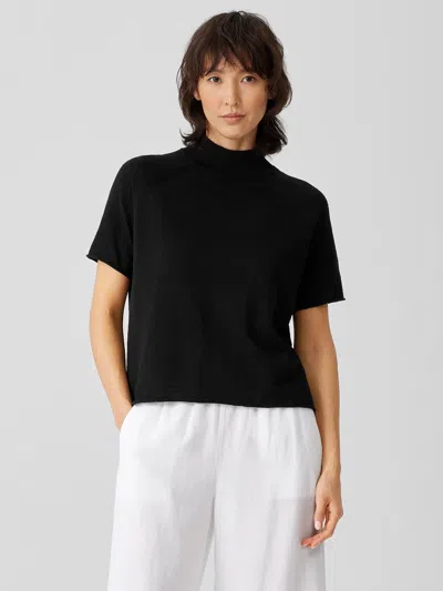 Eileen Fisher Organic Cotton Linen Slub Funnel Neck Top In Black