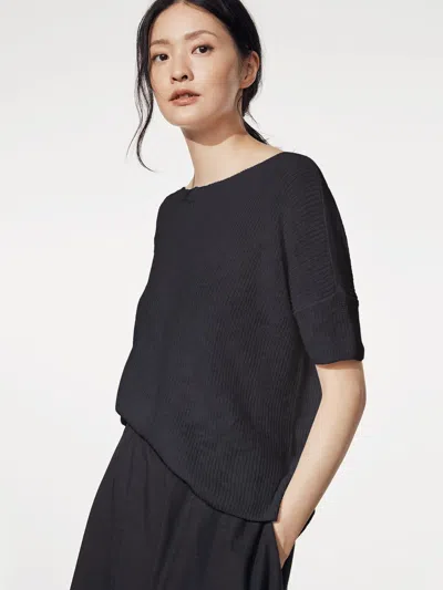 Eileen Fisher Organic Cotton Linen Slub Jewel Neck Top In Black