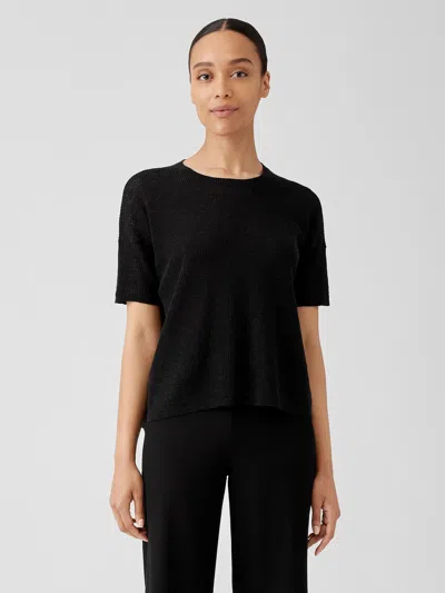 Eileen Fisher Organic Cotton Linen Slub Jewel Neck Top In Black