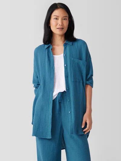 Eileen Fisher Organic Cotton Lofty Gauze Classic Collar Long Shirt In Blue