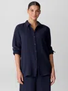 Eileen Fisher Puckered Organic Linen Stripe Classic Collar Shirt In Black