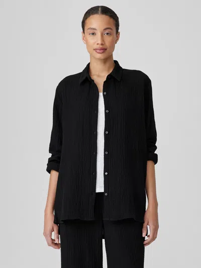 Eileen Fisher Organic Cotton Lofty Gauze Classic Collar Shirt In Black